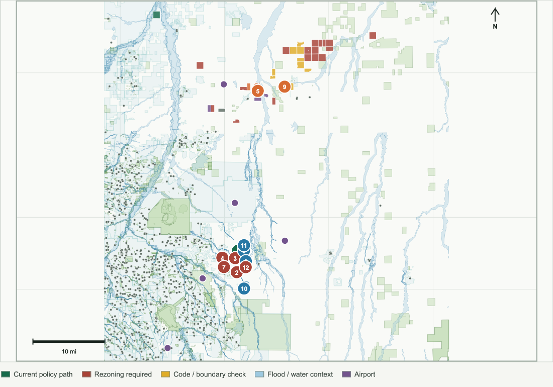 Constraint map showing policy review areas, rezoning requirements, flood and water context, airports, and the numbered site review queue.