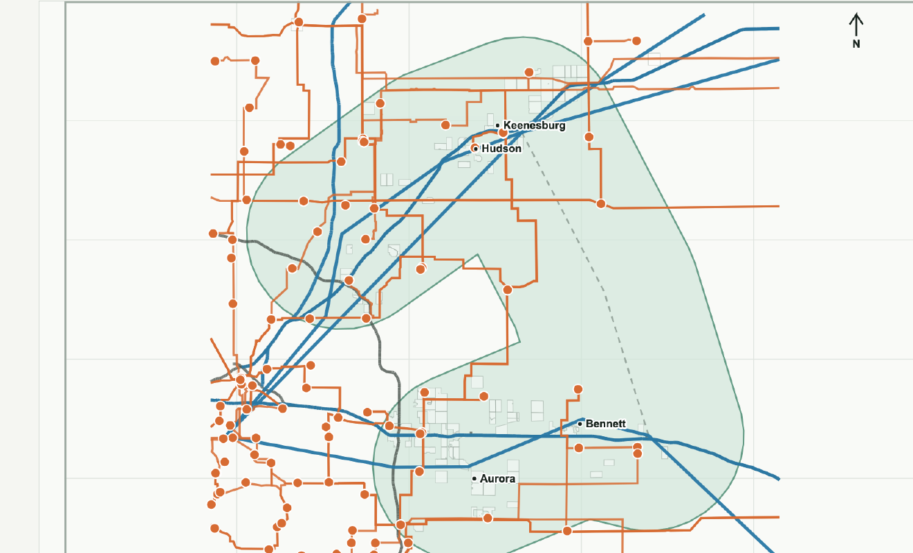 Eastern Denver metro corridor map showing infrastructure layers and representative screening areas