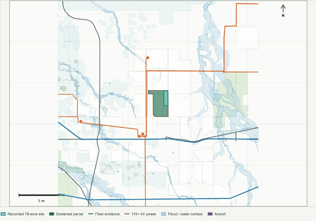 Aurora East A local map showing the screened land, fiber corridor evidence, transmission, substations, flood and water context, and airport locations.