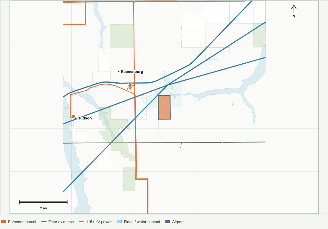 Keenesburg North A local map showing the screened land, fiber corridor evidence, transmission, substations, flood and water context, and airport locations.