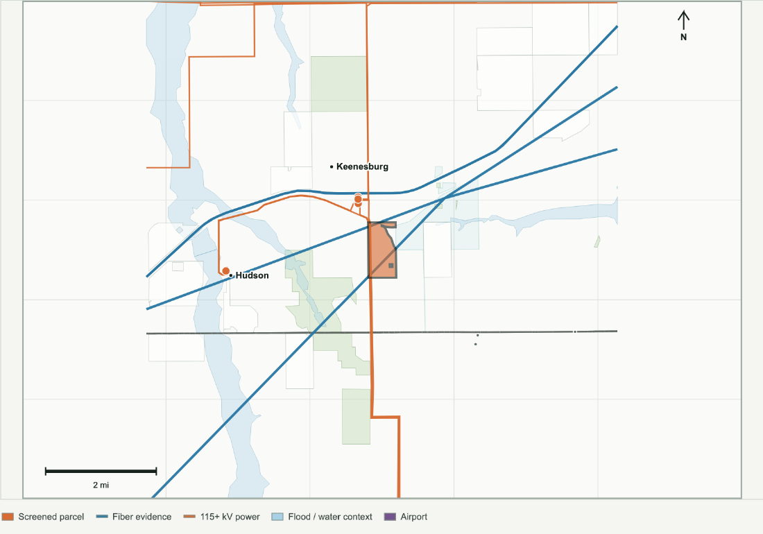 Keenesburg South A local map showing the screened land, fiber corridor evidence, transmission, substations, flood and water context, and airport locations.
