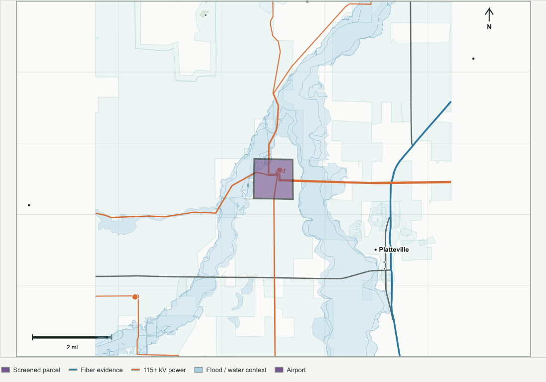 Weld Industrial Context local map showing the screened land, fiber corridor evidence, transmission, substations, flood and water context, and airport locations.